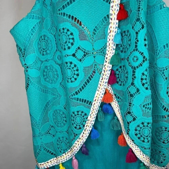 Judith March Size Large Tassel Dress Knee Length Lace Teal Sleeveless Party Boho - Picture 8 of 12